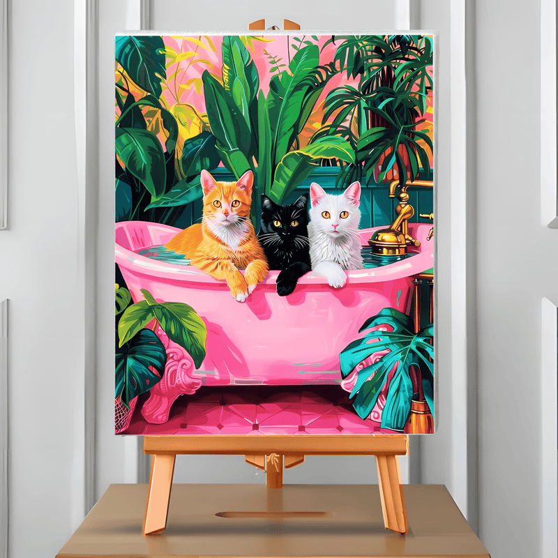 Pintura por números Ducha Cat-ártica: tres gatos en una tina rosada entre plantas tropicales. Cuadro en atril, 40x50 cm
