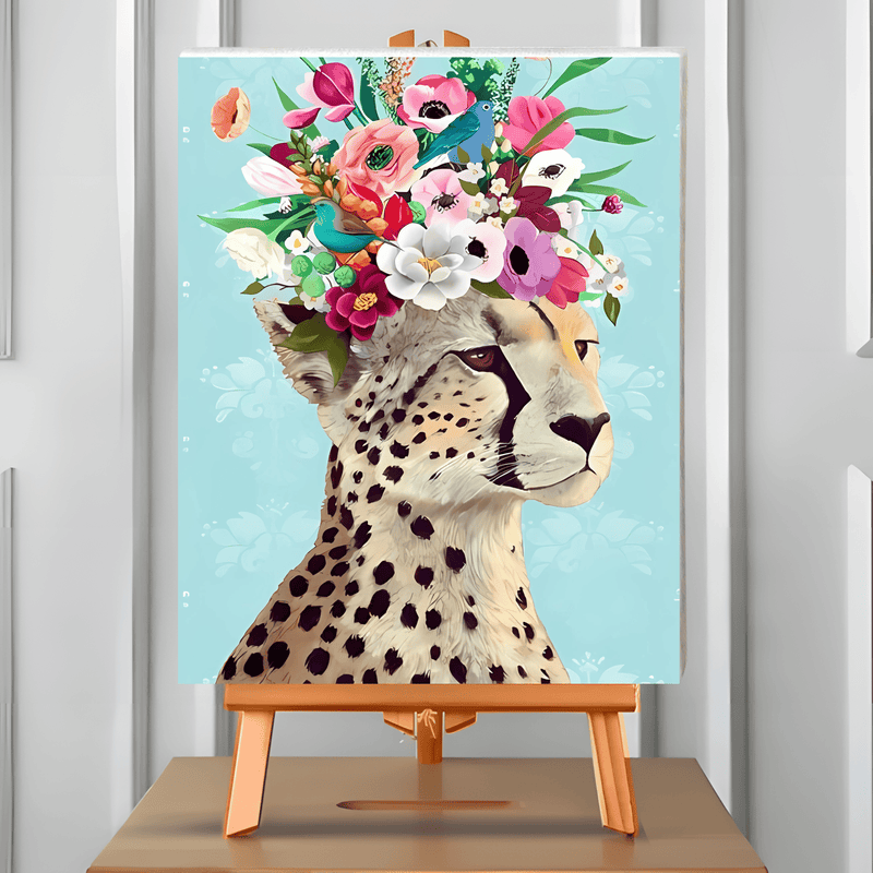 Pintura por números Florescencia del Guepardo: guepardo con una corona de flores. Cuadro en atril, 40x50 cm