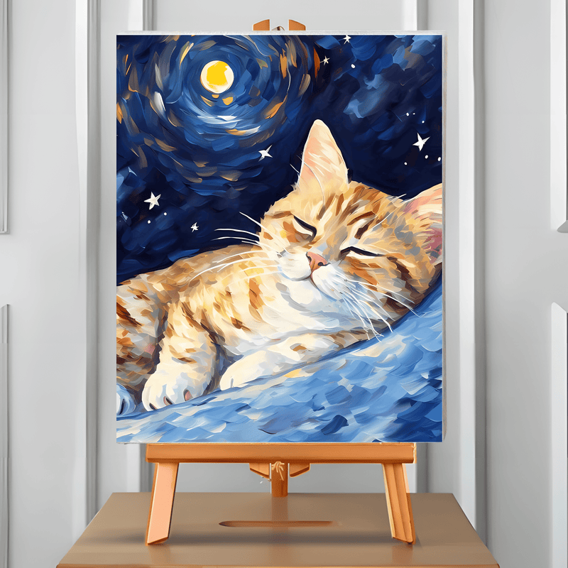 Pintura por números Sueño Felino: gato durmiendo bajo un cielo estrellado estilo Van Gogh. Cuadro en atril, 40x50 cm