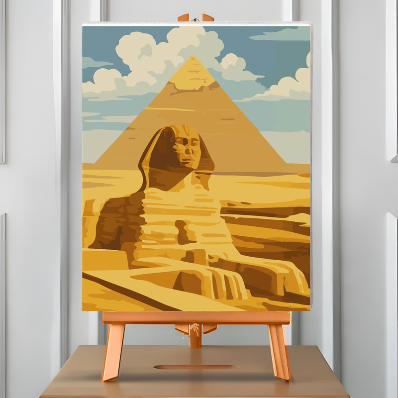Pintura por números La Gran Esfinge: la Gran Esfinge y una pirámide de Egipto. Cuadro en atril, 40x50 cm