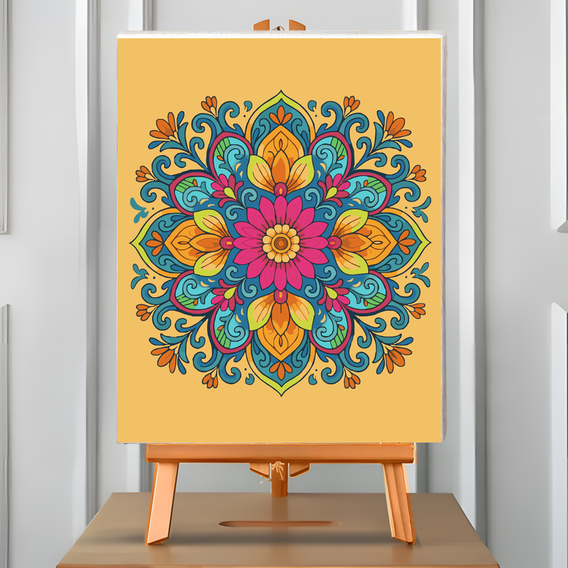 Pintura por números Mandala Floreado: mandala multicolor sobre fondo amarillo. Cuadro en atril, 40x50 cm