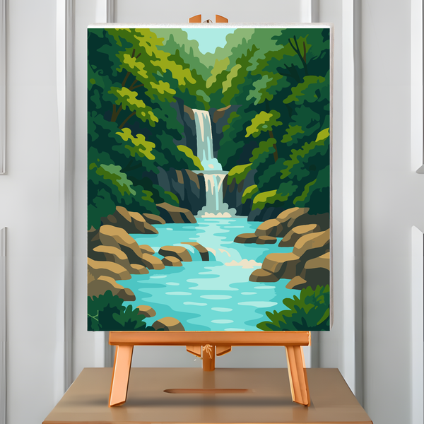 Pintura por números Parque Nacional 7 Tazas: cascada y pozones en el bosque del Maule. Cuadro en atril, 40x50 cm