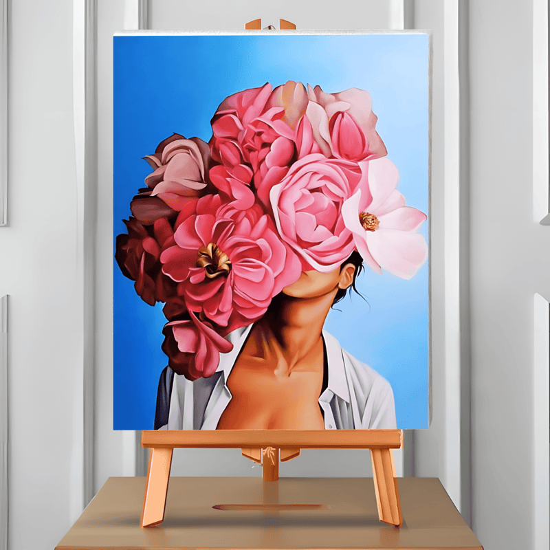 Pintura por números Entre pétalos y silencio: mujer con la cabeza cubierta de peonías rosadas. Cuadro en atril, 40x50 cm