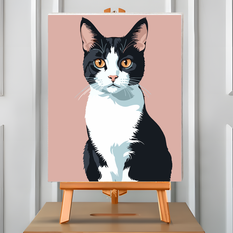 Pintura por números Ying Yang: gato blanco y negro sobre fondo rosado. Cuadro en atril, 40x50 cm